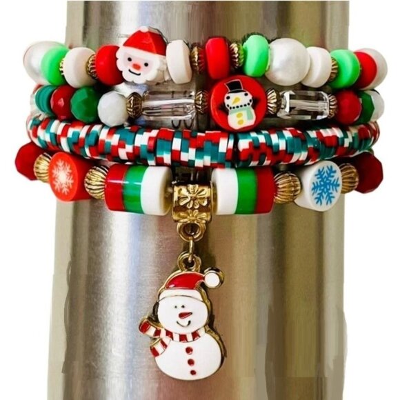 Christmas Themed Beaded Stretch Bracelets Set Of 4 With Charms in Red Green - Picture 1 of 9